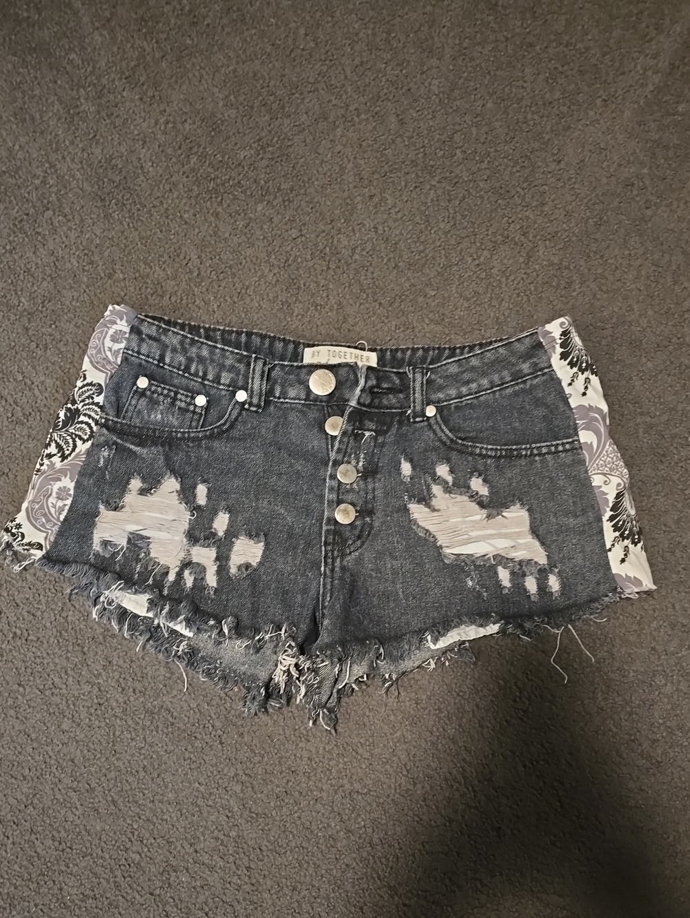 By Together Black Distressed Denim Shorts with Patterned Side Panels